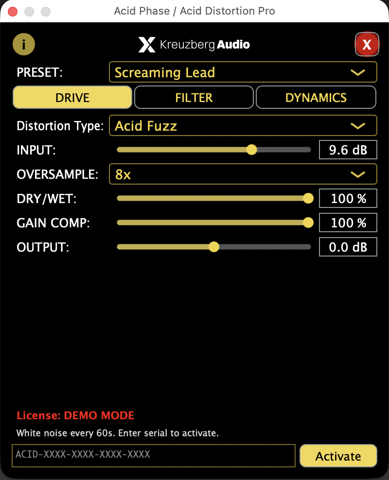 Acid Distortion Pro — DRIVE-Tab mit Distortion-Type-Auswahl, Input Trim und Oversampling-Schalter