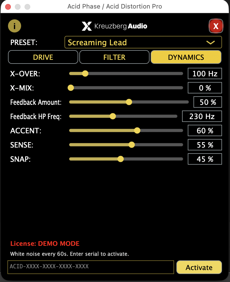 Acid Distortion Pro — DYNAMICS-Tab mit Crossover, Feedback-Loop und Accent Engine (ACCENT, SENSE, SNAP)