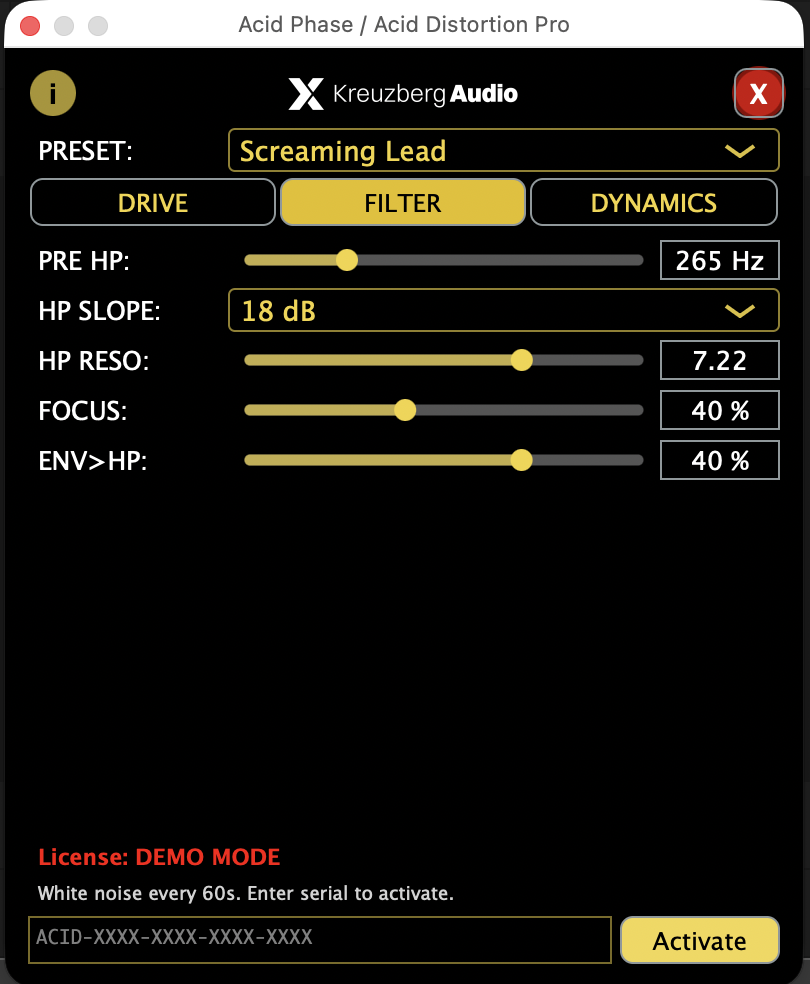 Acid Distortion Pro — FILTER-Tab mit Pre-Highpass, Slope, Resonanz, Focus und Envelope-Modulation