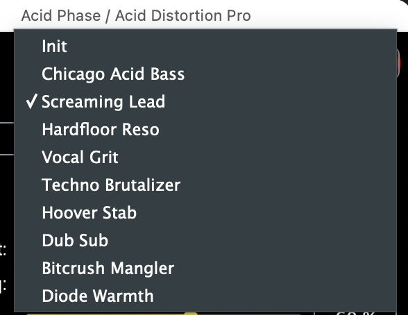Preset-Dropdown im Acid Distortion Pro Suite Plugin mit allen 10 Werks-Presets sichtbar