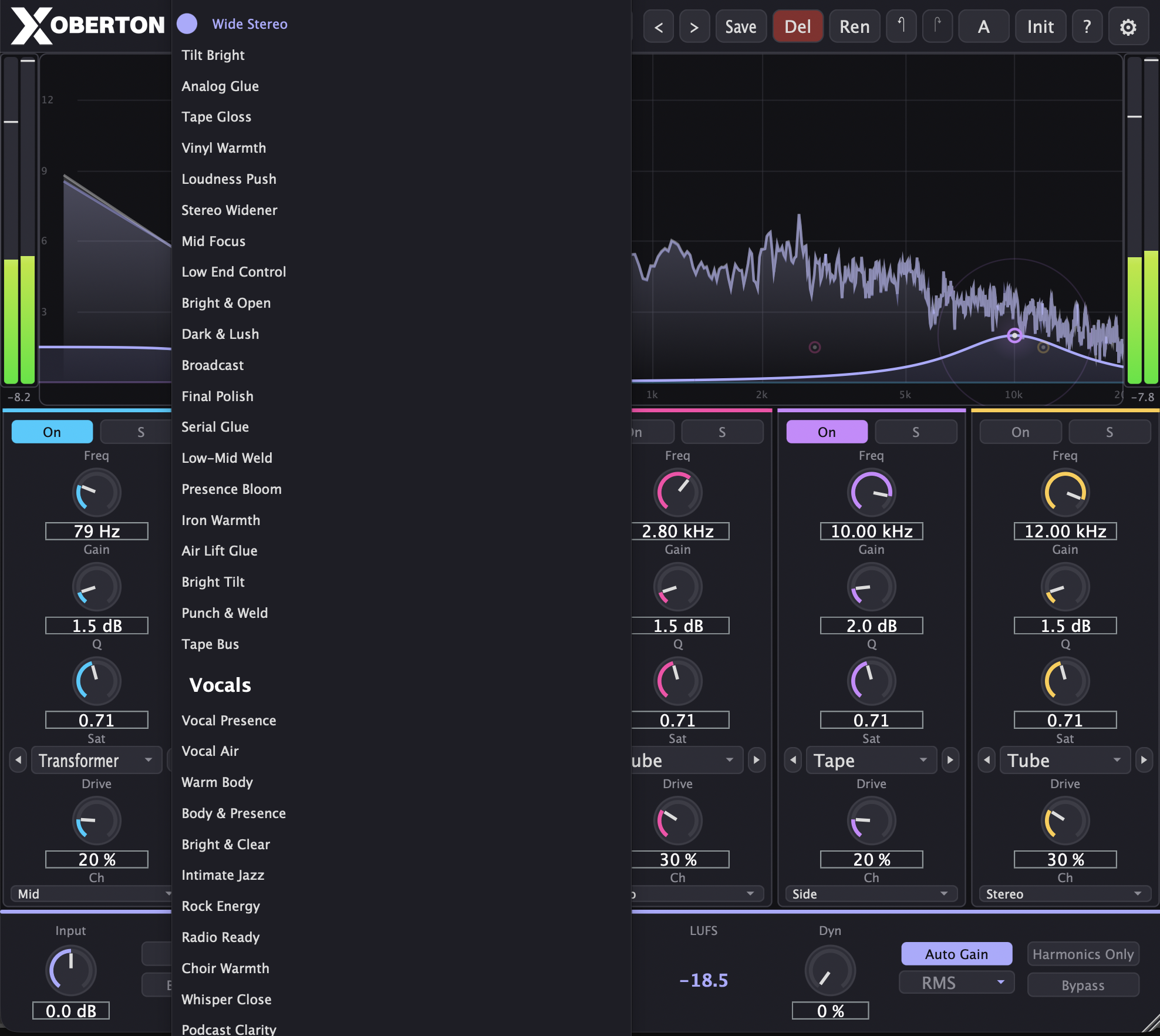 OBERTON Preset-Browser mit allen 10 Kategorien und 227 Presets