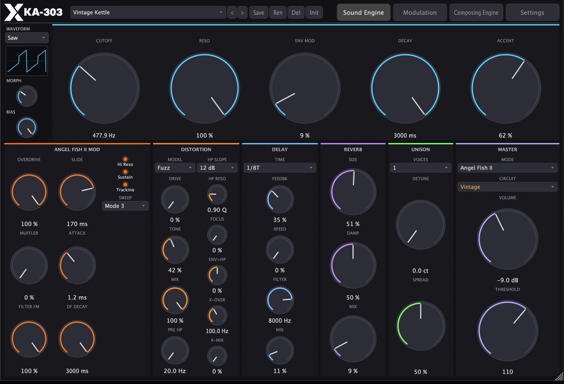KA-303 user interface with sequencer grid, filter section and Angel Fish module