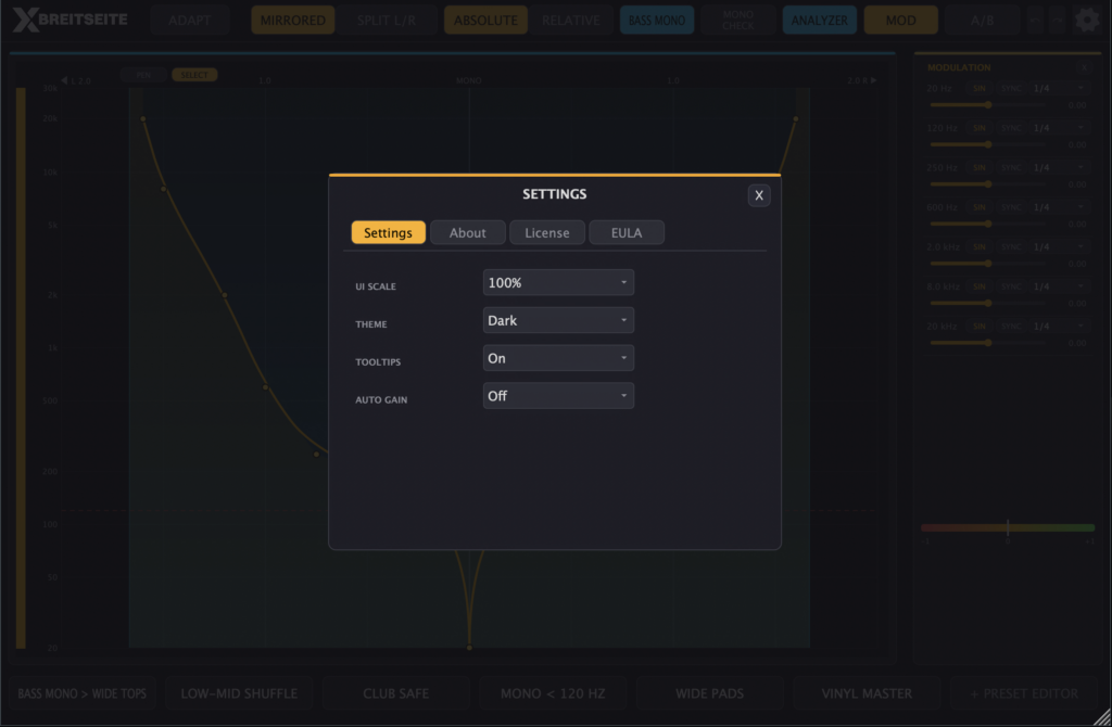 SETTINGS-Dialog mit UI SCALE, THEME, TOOLTIPS und AUTO GAIN