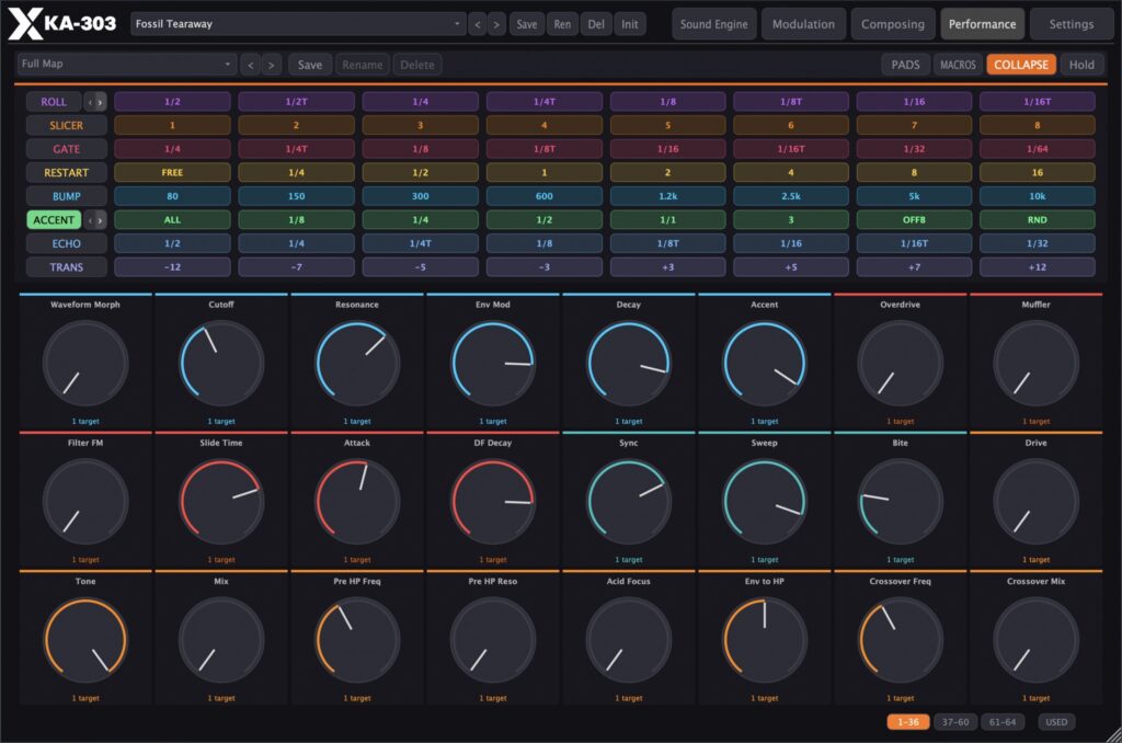 Performance tab of the KA-303 2.1 with eight modes and 64 pads