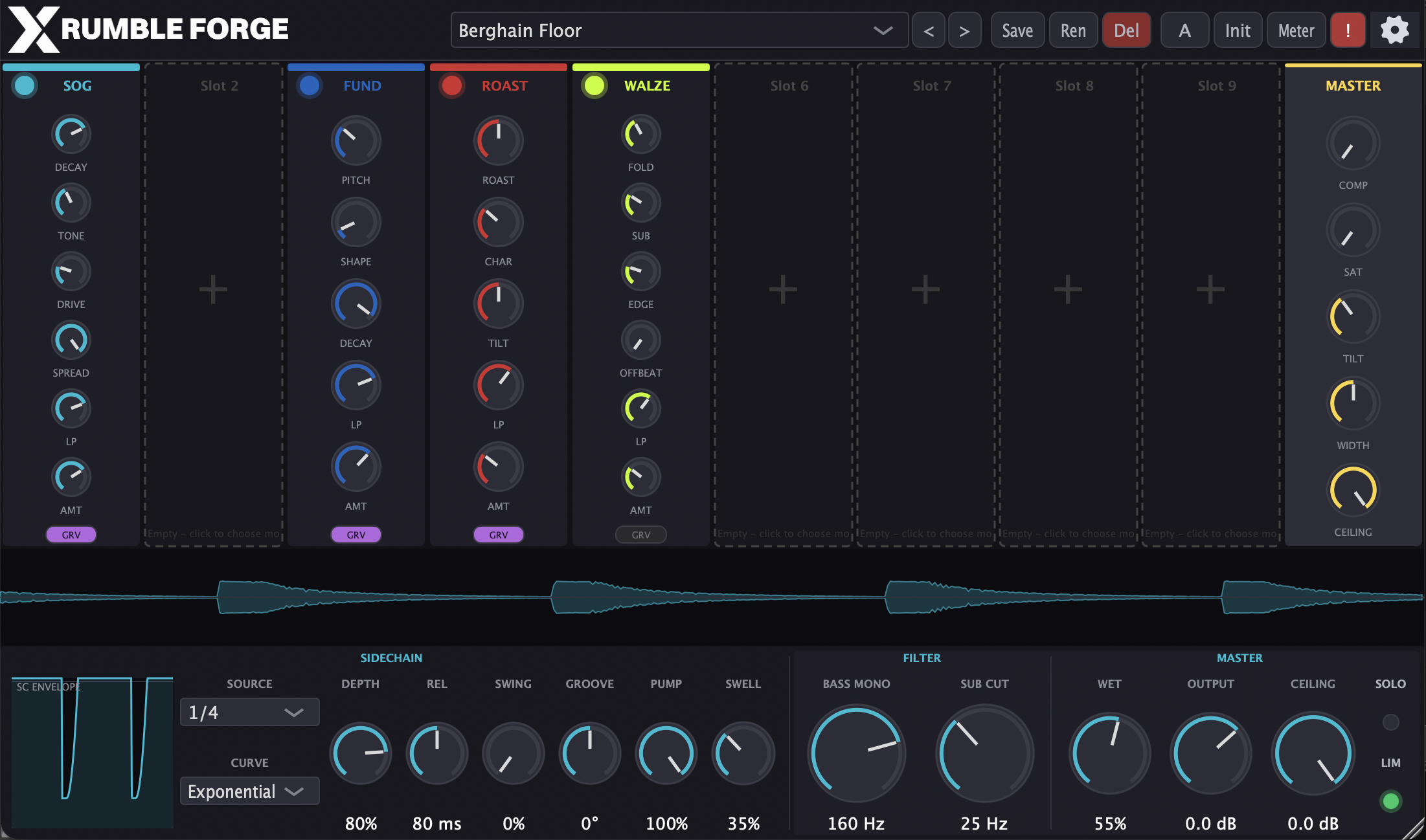 RUMBLE FORGE user interface with the nine freely assignable module slots