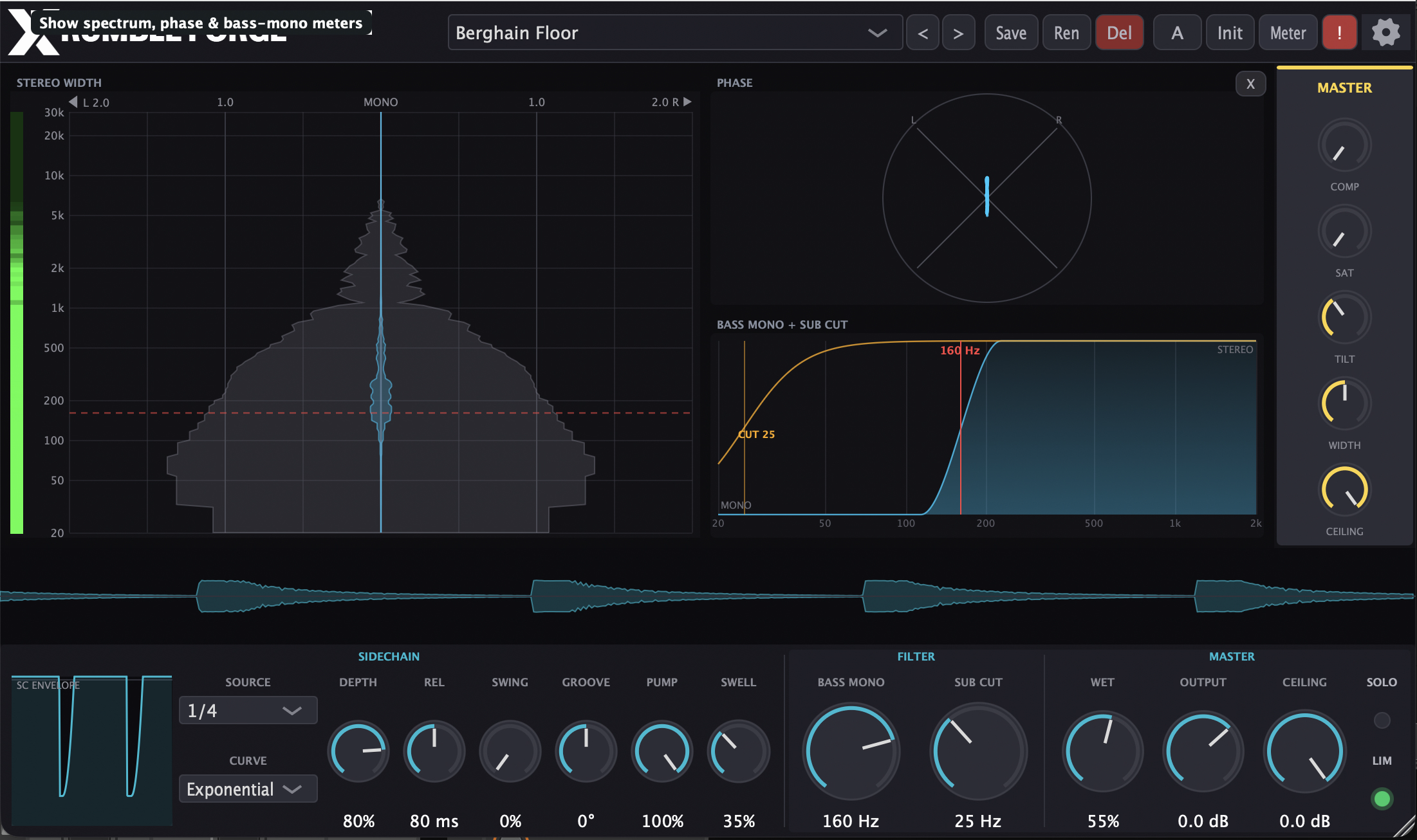 RUMBLE FORGE meter view with stereo width, phase correlation and the Bass Mono curve