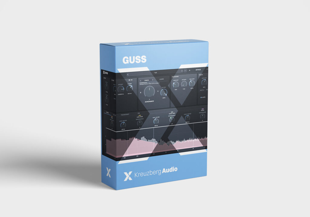 GUSS box: blue software packaging with the plugin interface on the front