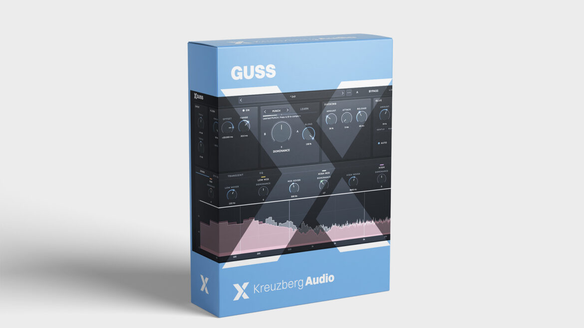 GUSS box: blue software packaging with the plugin interface on the front