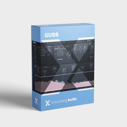 GUSS Box: Software-Verpackung in Blau, vorne die Oberfläche des Plugins