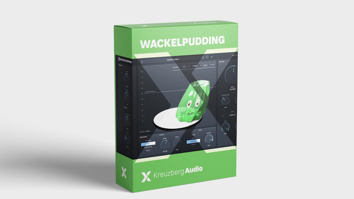 WACKELPUDDING Box: Software-Verpackung in Grün, vorne die Oberfläche mit dem Pudding