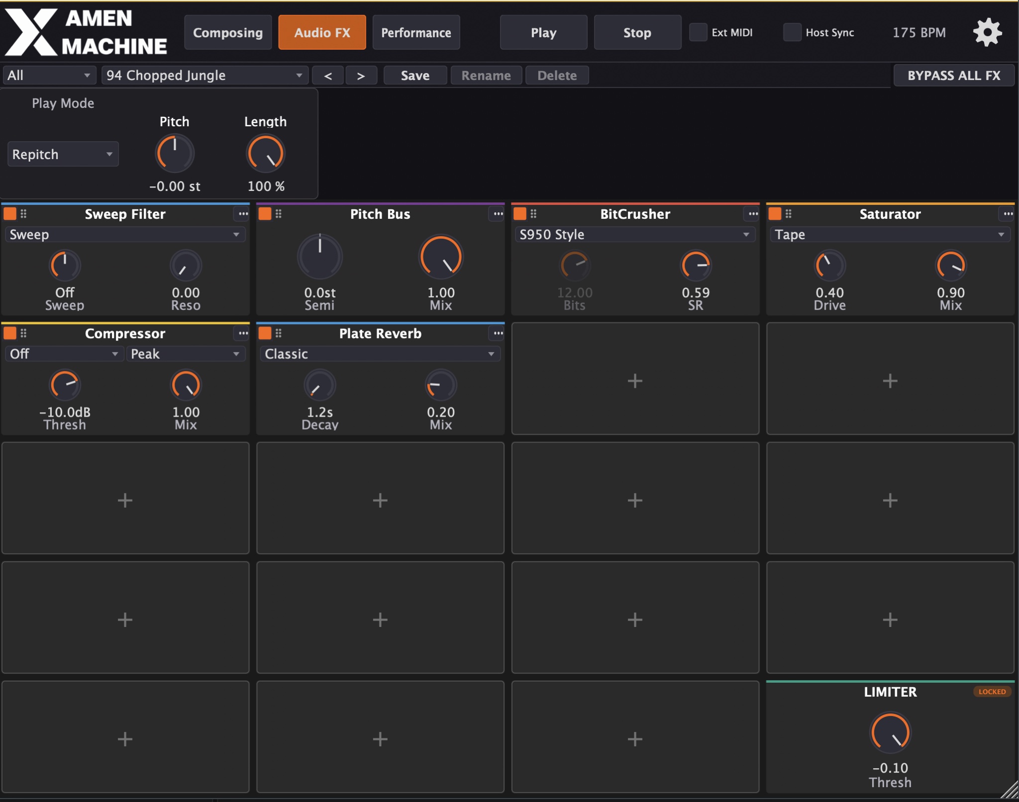 Amen Machine, Audio FX tab with 19 slots, loaded with Sweep Filter, Pitch Bus, BitCrusher, Saturator, Compressor and Plate Reverb, limiter bottom right