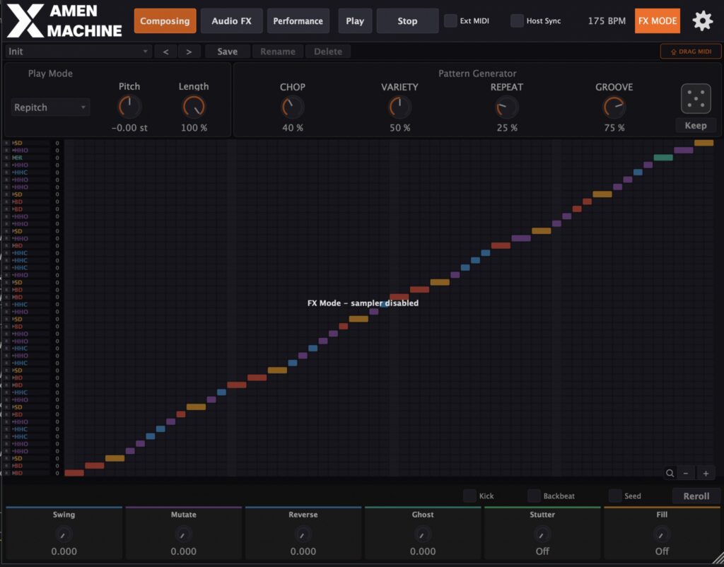 Amen Machine in FX MODE: the FX MODE badge at the top right, the Composing tab dimmed with the note FX Mode - sampler disabled