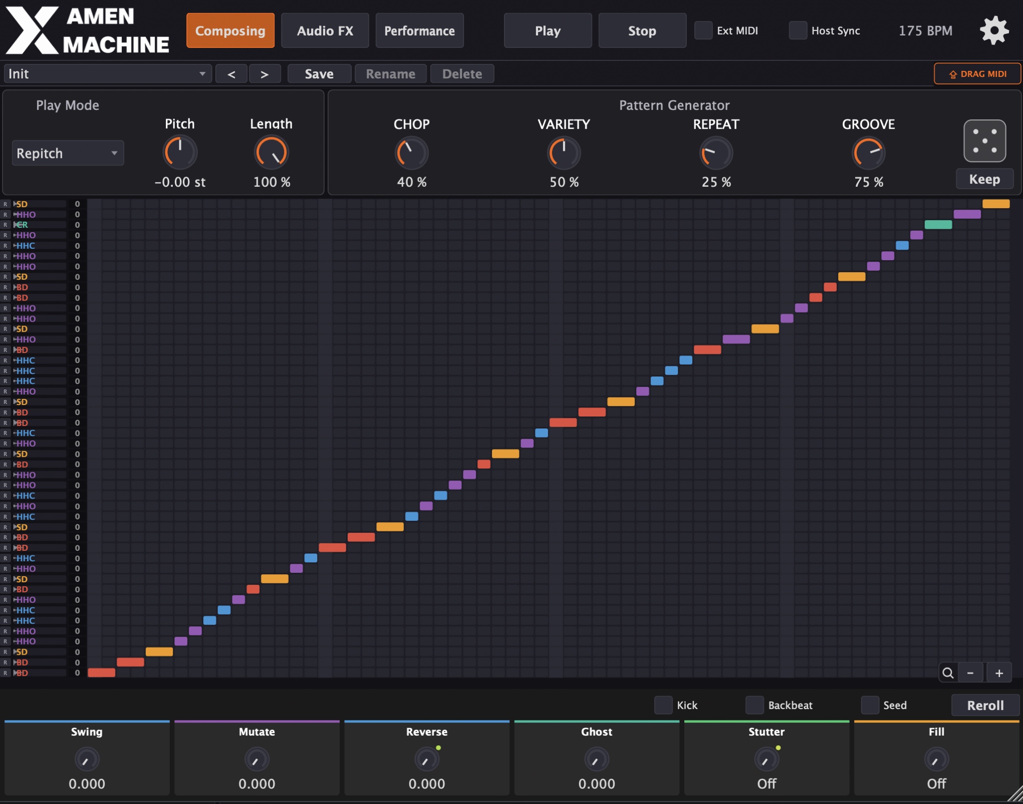 Amen Machine, Composing tab with Play Mode, pattern generator (CHOP, VARIETY, REPEAT, GROOVE, dice), 64-step grid and variation engine