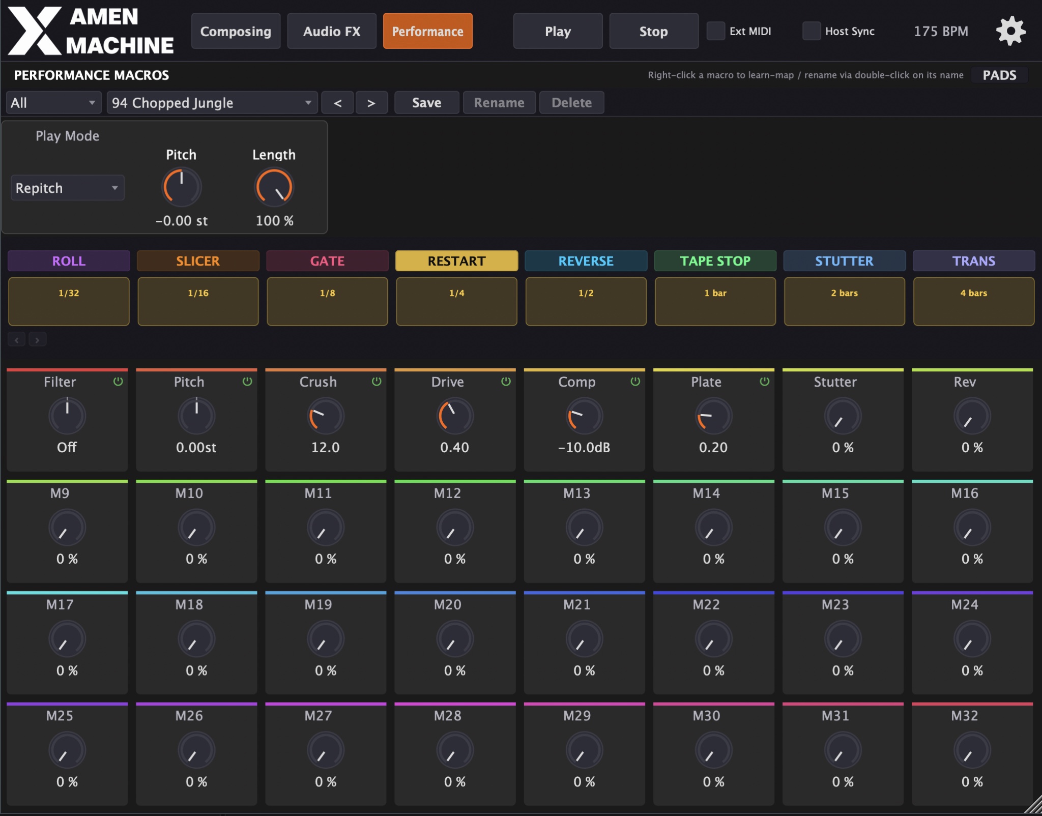 Amen Machine, Performance tab with eight Perform Pads (ROLL to TRANS) and 32 macro knobs