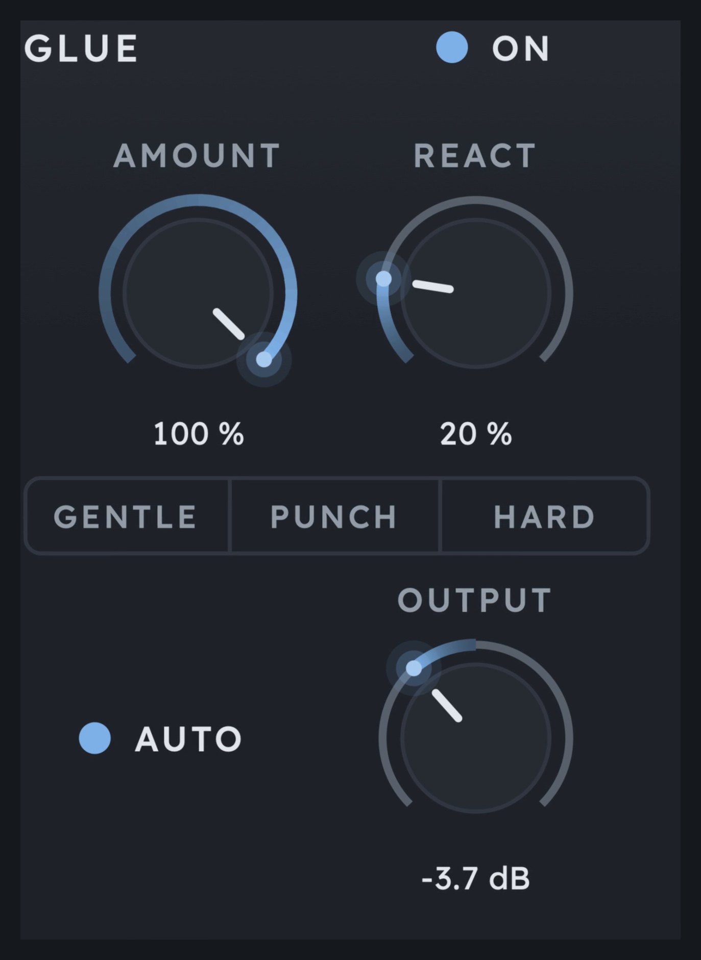 GLUE with AMOUNT, REACT, OUTPUT and the GENTLE, PUNCH and HARD buttons