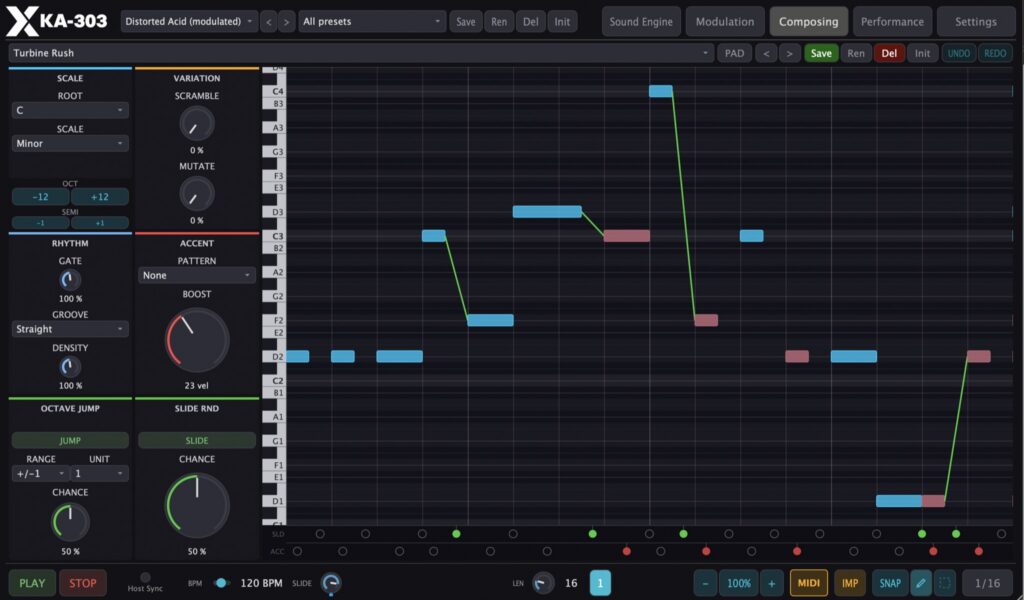 KA-303 2.4 Composing tab: piano roll with keyboard, scale, variation, rhythm, accent and slide, at the bottom the pencil and selection rectangle next to SNAP