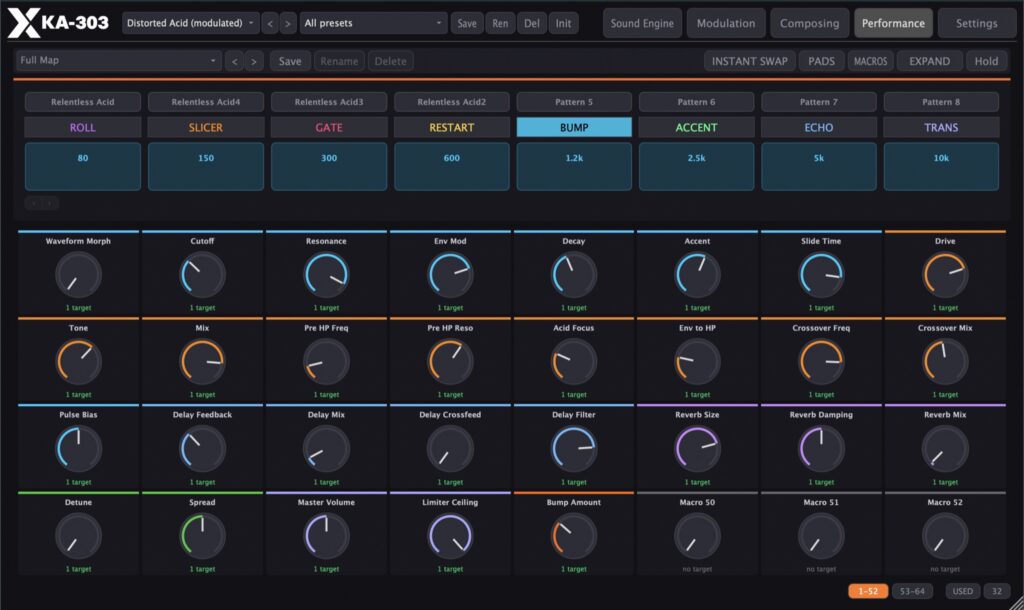 KA-303 2.4 Performance tab: the eight pattern pads on top, below them the pad modes ROLL to TRANS with their values, the macro grid and INSTANT SWAP at the top right