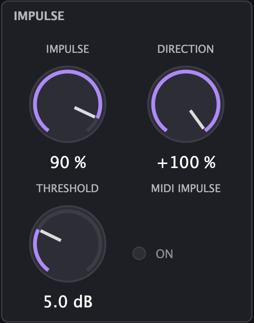 IMPULSE section with IMPULSE, DIRECTION, THRESHOLD and MIDI IMPULSE