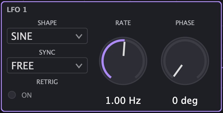 LFO 1 with SHAPE, SYNC, RETRIG, RATE and PHASE