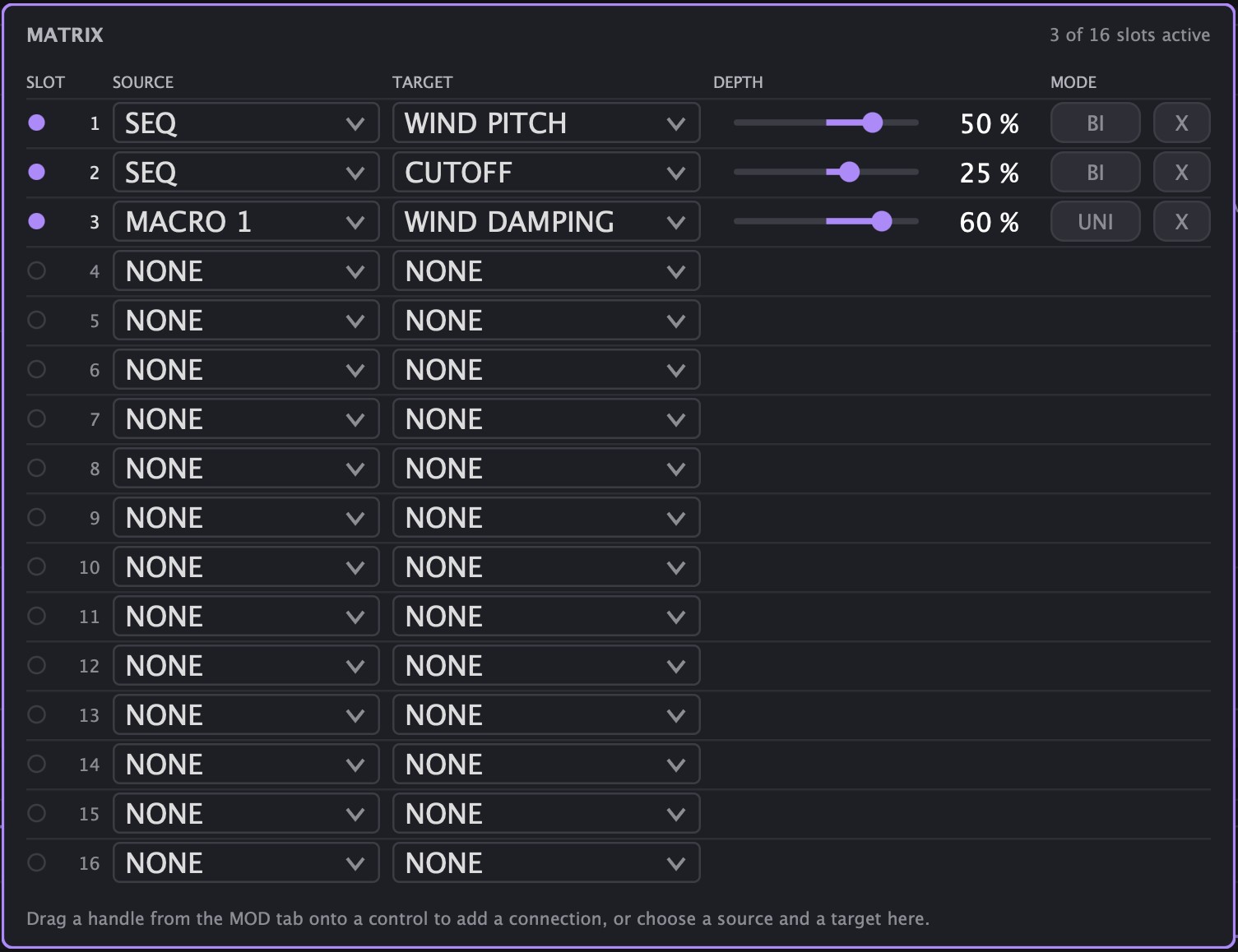 Modulation matrix with 16 slots, source, target, depth and mode