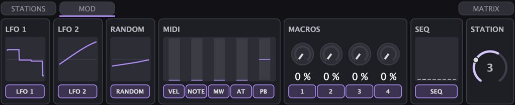 MOD tab with LFO 1, LFO 2, RANDOM, MIDI, MACROS, SEQ and STATION