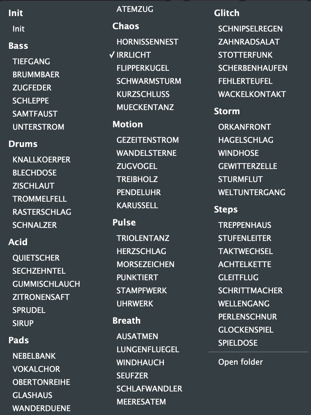 Preset menu with eleven banks