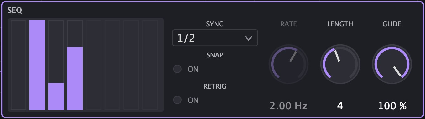 SEQ with eight steps, SYNC, SNAP, RETRIG, RATE, LENGTH and GLIDE