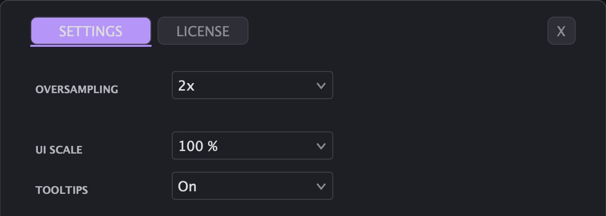 SETTINGS with OVERSAMPLING, UI SCALE and TOOLTIPS