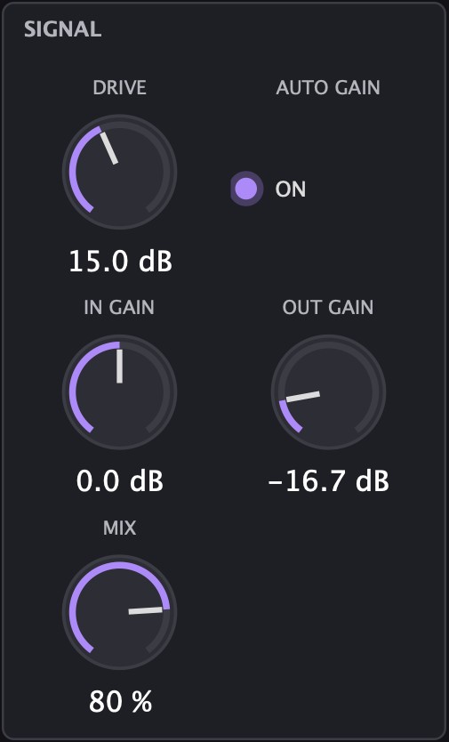 SIGNAL section with DRIVE, AUTO GAIN, IN GAIN, OUT GAIN and MIX