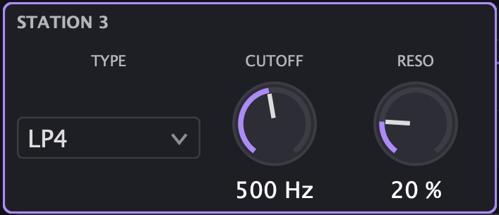 Station editor with TYPE, CUTOFF and RESO