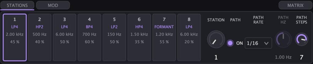 Eight stations with type, cutoff and resonance, next to them STATION, PATH, PATH RATE, PATH HZ and PATH STEPS