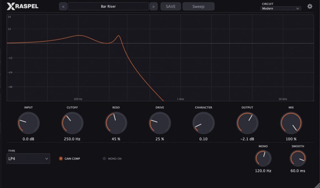 RASPEL interface with the preset Bar Riser: frequency response on top, INPUT, CUTOFF, RESO, DRIVE, CHARACTER, OUTPUT and MIX below, TYPE, GAIN COMP, MONO and SMOOTH at the bottom