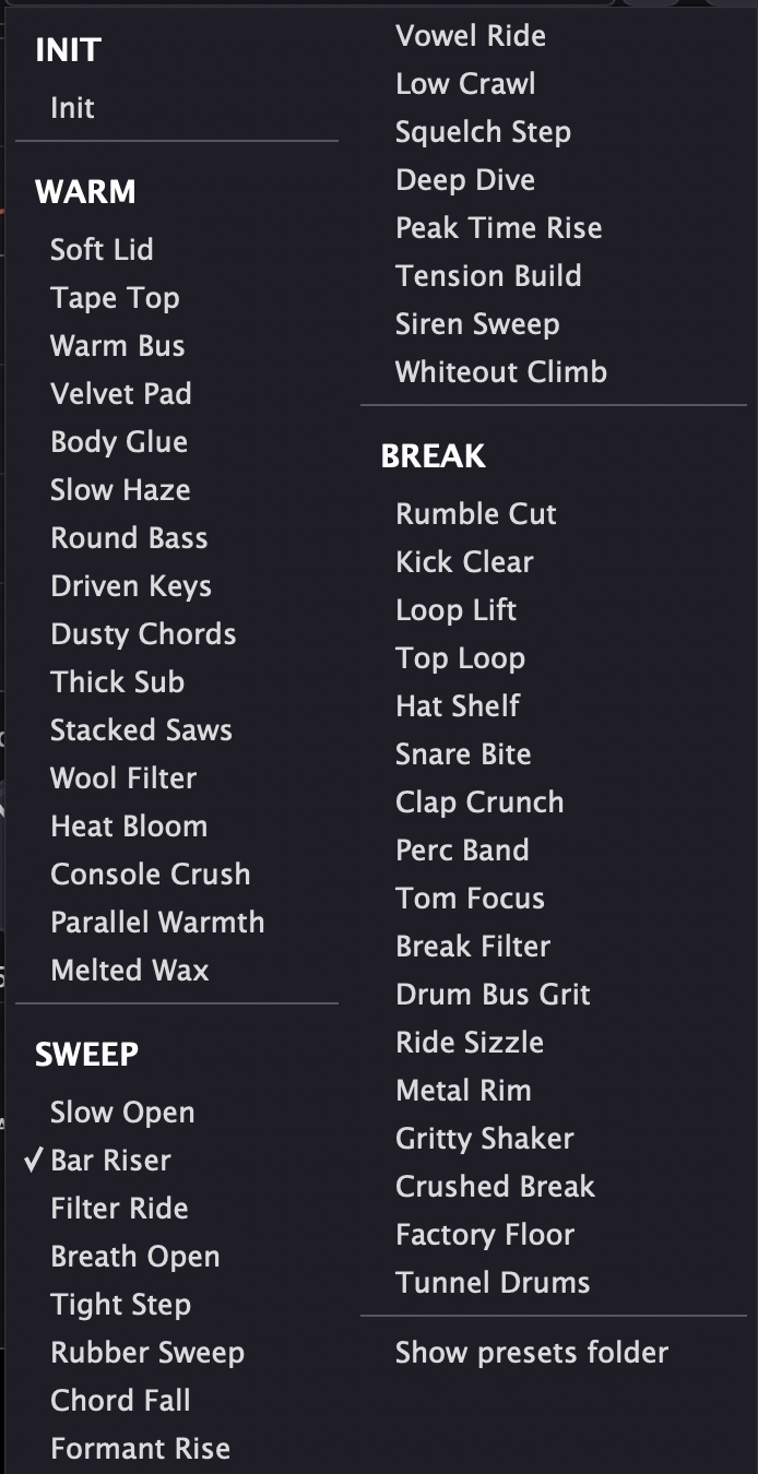 Preset list with the banks Init, Warm, Sweep and Break