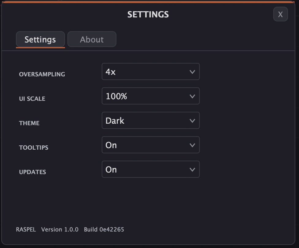 Settings with OVERSAMPLING, UI SCALE, THEME, TOOLTIPS and UPDATES