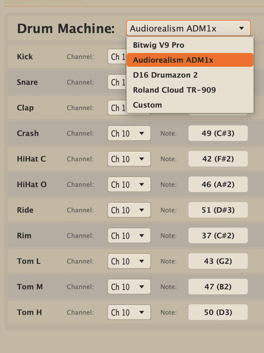 Settings tab with MIDI mapping