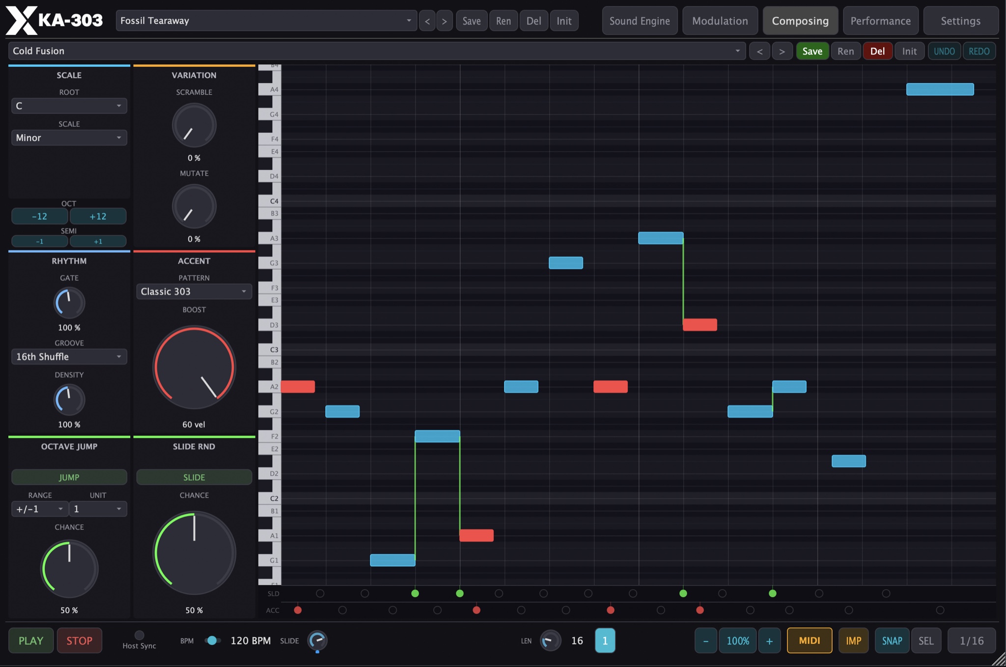 Composing tab with keyboard along the piano roll and scale selection